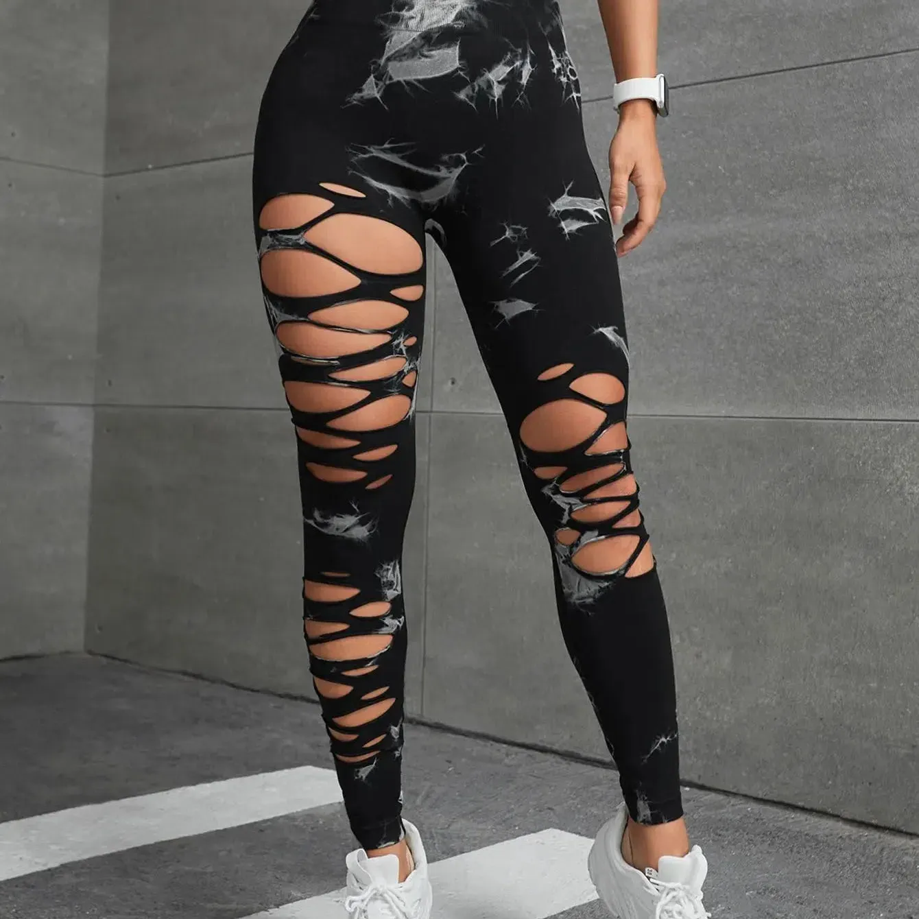 Women Tie Dye Hollow Out Leggings High Waisted Gym Tights
